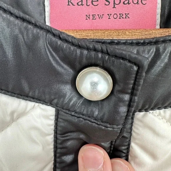 Kate Spade Quilted Puffer Coat Jacket Ivory Black Trim Pearl Buttons Size L - Picture 6 of 10
